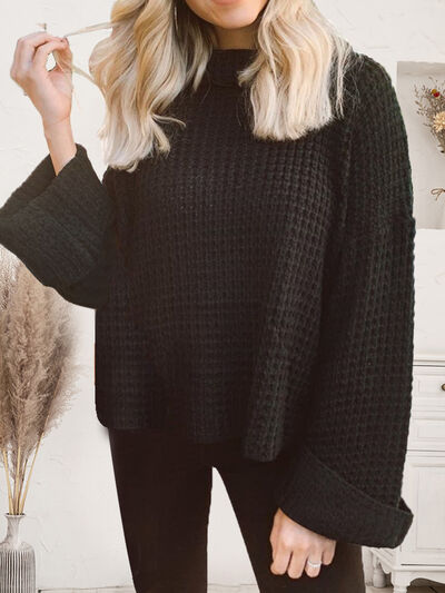 Waffle-Knit Turtleneck Round Neck Sweater