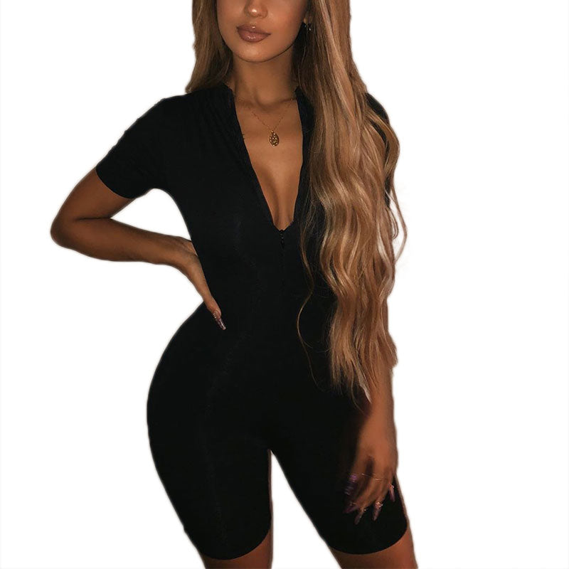 Black Gray Bodycon Playsuit Women Wear On Both Sides Sexy Jumpsuit Autumn 2020 Zip Up Party Club Romper Jumpsuits Shorts - 4KsApparels