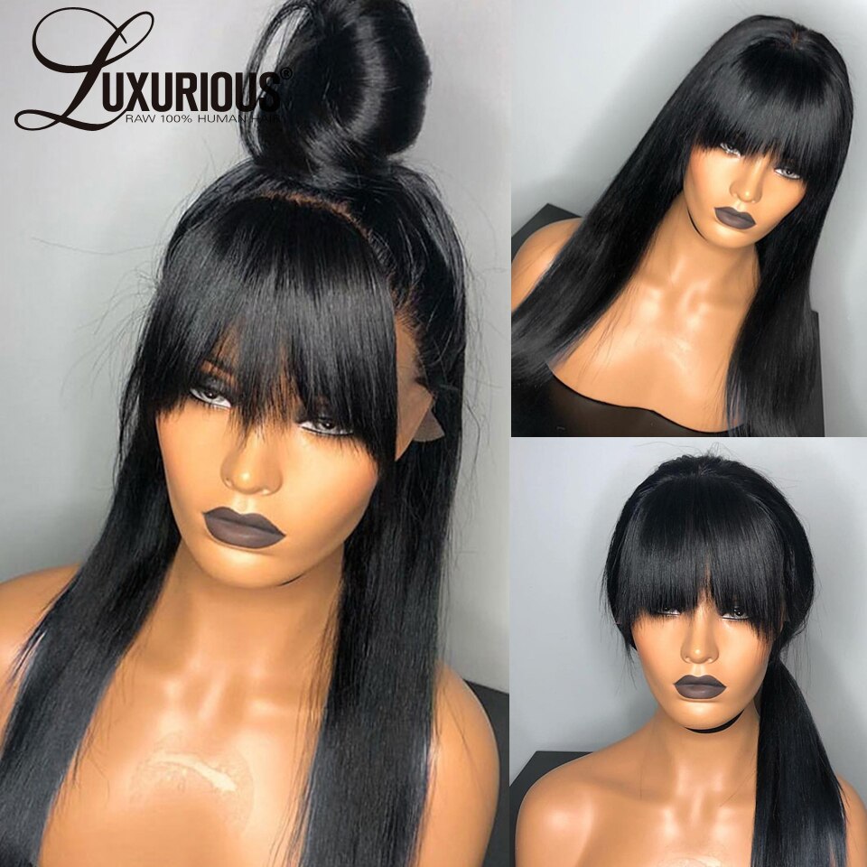 13x6 Lace Front Human Hair Wigs With Bangs For Black Women Brazilian Remy Straight Hair Lace Front Wig Bang Human Hair 150% - 4KsApparels