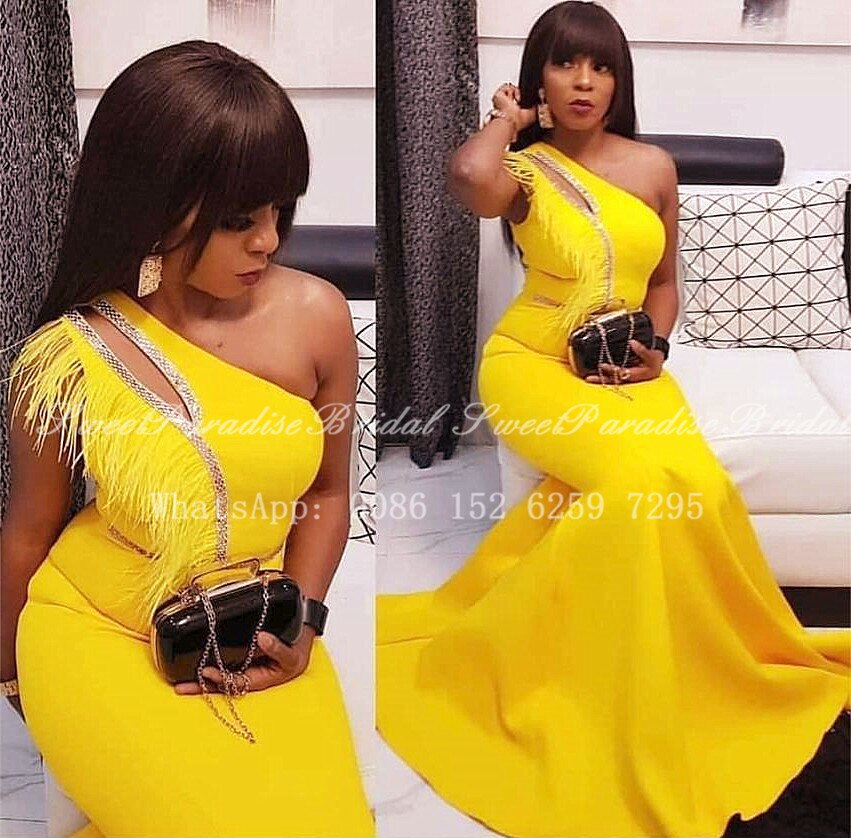 2020 Yellow Evening Dress With Feather Beads One Shoulder African Women Long Mermaid Graduation Prom Dresses Robe De Soiree - 4KsApparels