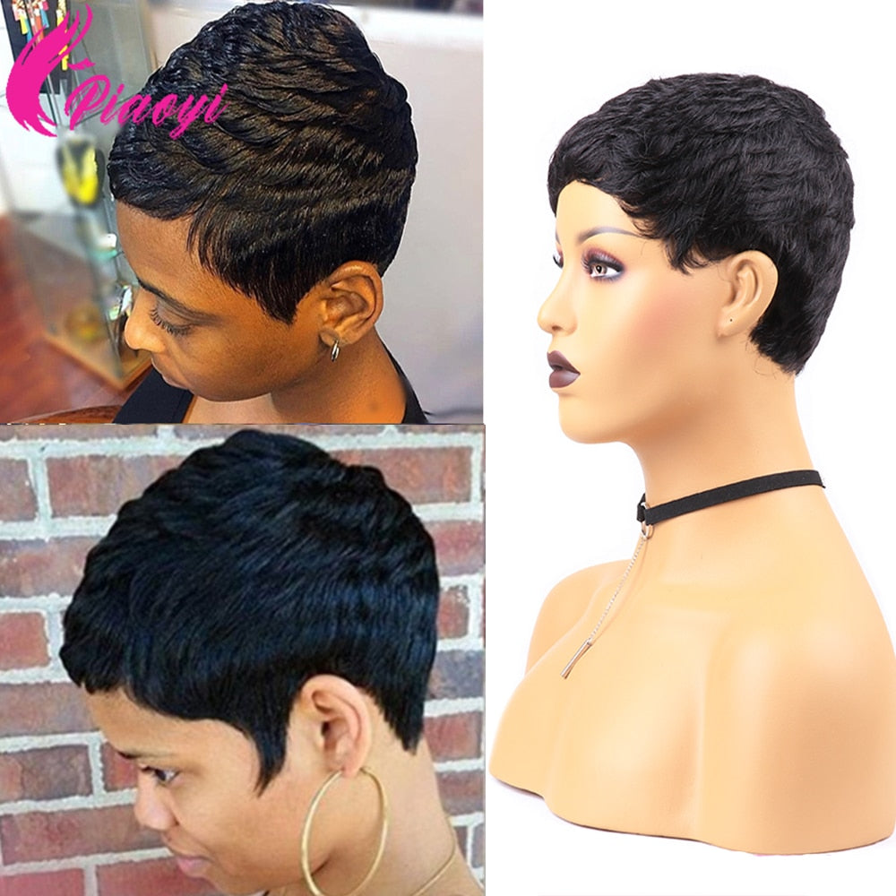Short Pixie Cut Wig Remy Full Machine Wig Brazilian Human Hair Wigs For Woman Short Finger Wave Wig  Full Human Hair Nature Wigs - 4KsApparels