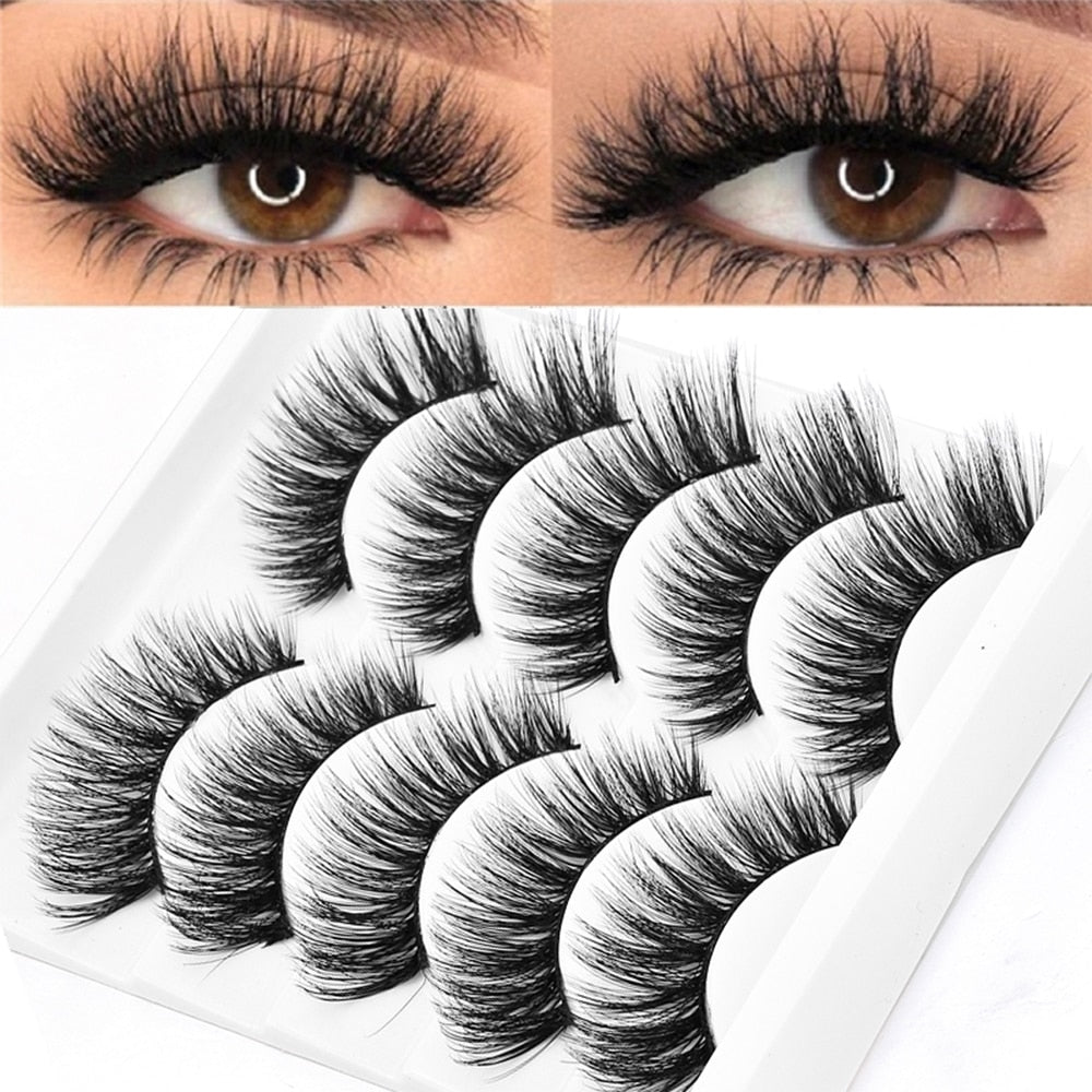 5 Pairs Multipack 5D Soft Mink Hair False Eyelashes Handmade Wispy Fluffy Long Lashes Nature Eye Makeup Tools Faux Eye Lashes - 4KsApparels