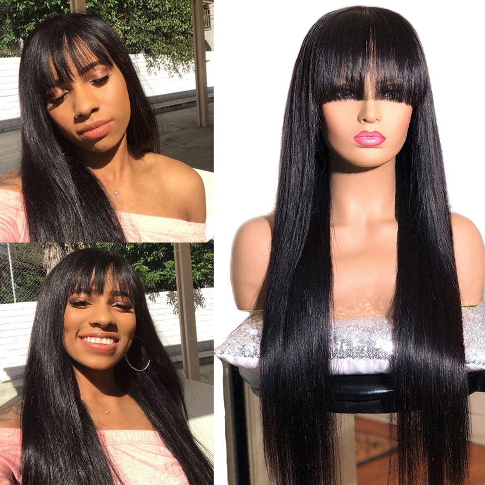 13x6 Lace Front Human Hair Wigs With Bangs For Black Women Brazilian Remy Straight Hair Lace Front Wig Bang Human Hair 150% - 4KsApparels