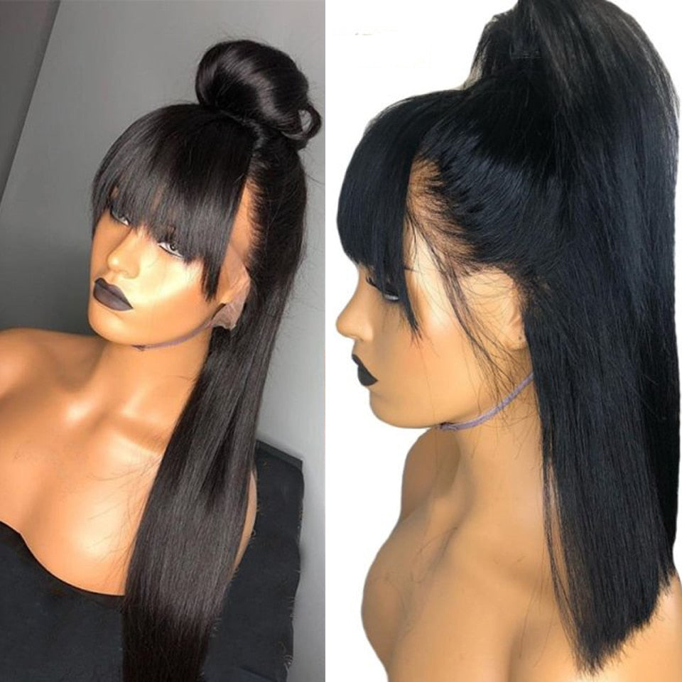 13x6 Lace Front Human Hair Wigs With Bangs For Black Women Brazilian Remy Straight Hair Lace Front Wig Bang Human Hair 150% - 4KsApparels