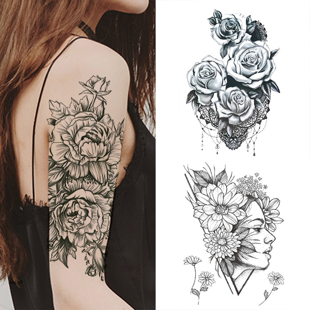 1 PC Fashion Women Girl Temporary Tattoo Sticker Black Roses Design Full Flower Arm Body Art Big Large Fake Tattoo Sticker - 4KsApparels