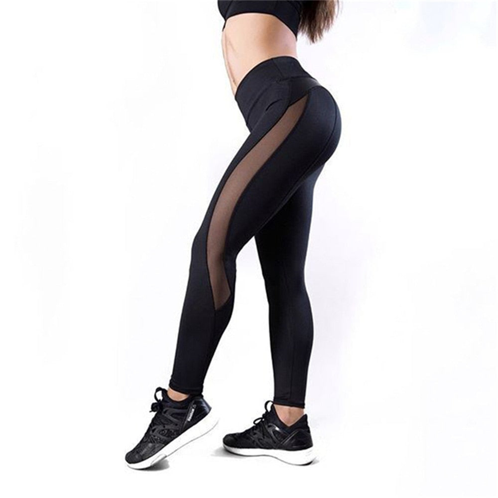 Black Fitness Legging Women Heart Workout Legginngs Femmle Mesh And PU Leather Patchwork Leggings Solid Pants - 4KsApparels