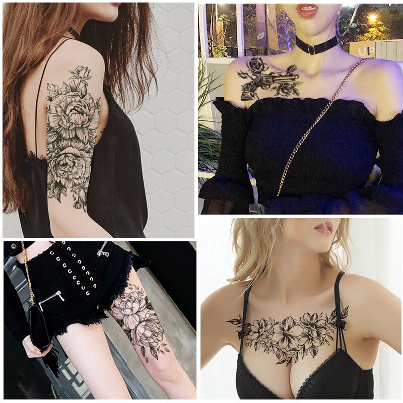 1 PC Fashion Women Girl Temporary Tattoo Sticker Black Roses Design Full Flower Arm Body Art Big Large Fake Tattoo Sticker - 4KsApparels