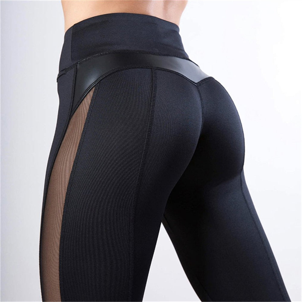 Black Fitness Legging Women Heart Workout Legginngs Femmle Mesh And PU Leather Patchwork Leggings Solid Pants - 4KsApparels