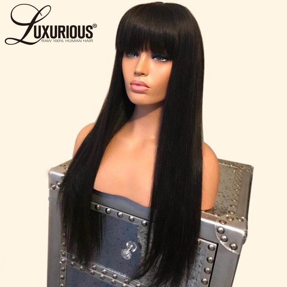 13x6 Lace Front Human Hair Wigs With Bangs For Black Women Brazilian Remy Straight Hair Lace Front Wig Bang Human Hair 150% - 4KsApparels