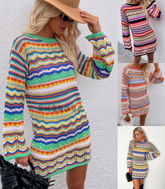 Women's Knitted Sweater Women's Rainbow Stripe Pullover Mid Length