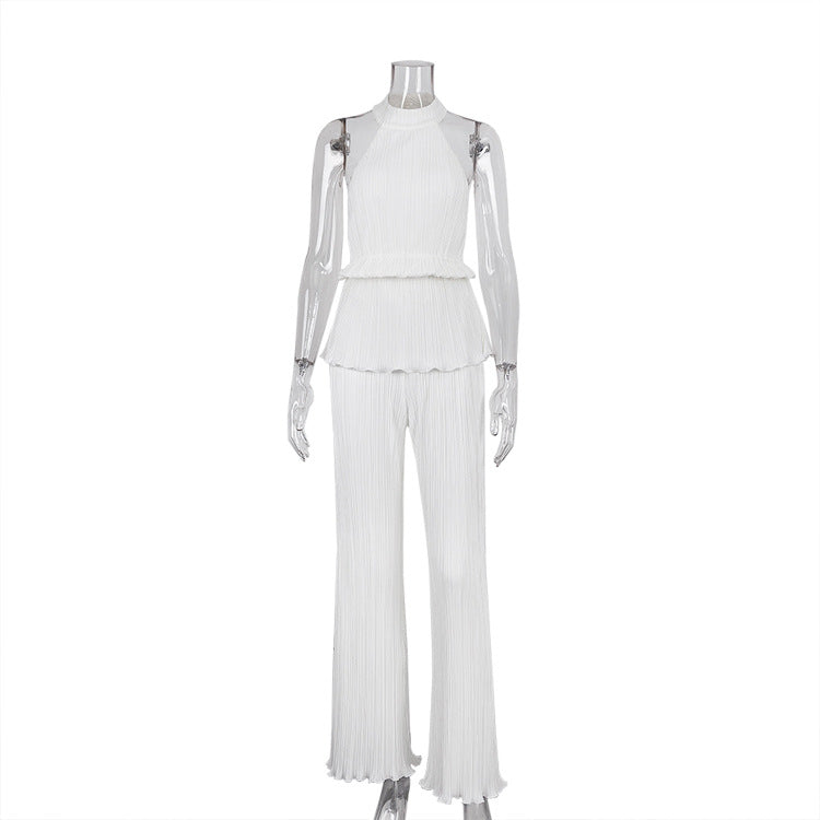 Backless Sleeveless Vest White Pleated High Waist Wide Leg Pants Suit