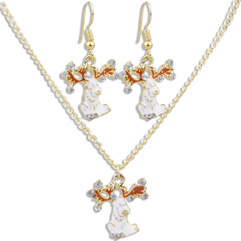 Christmas White Elk Alloy Drop Oil Set Chain Earring Necklace