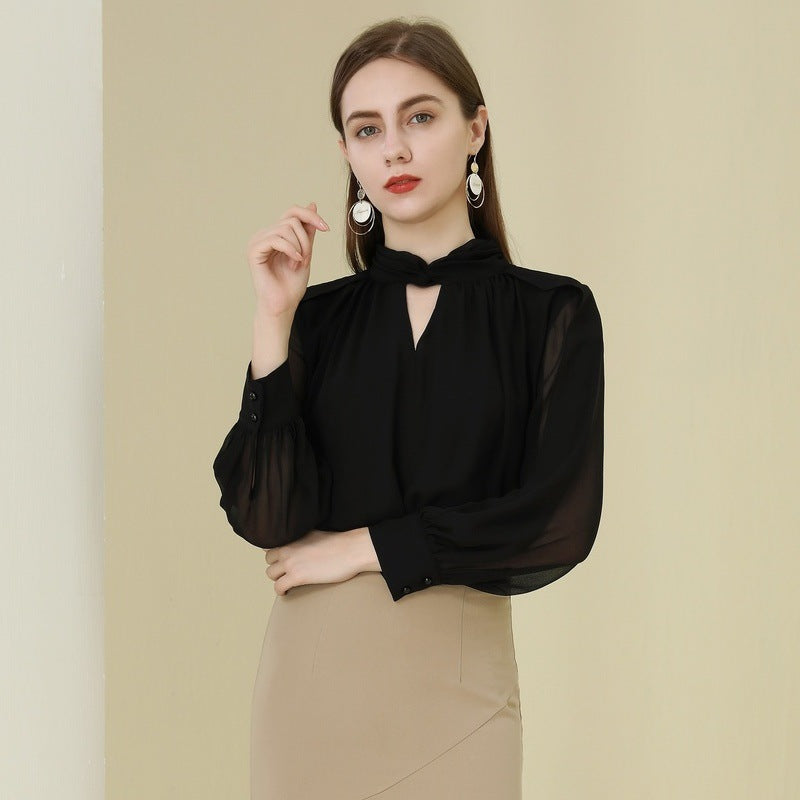 Women's See-through Pleated Long Sleeve Chiffon Shirt