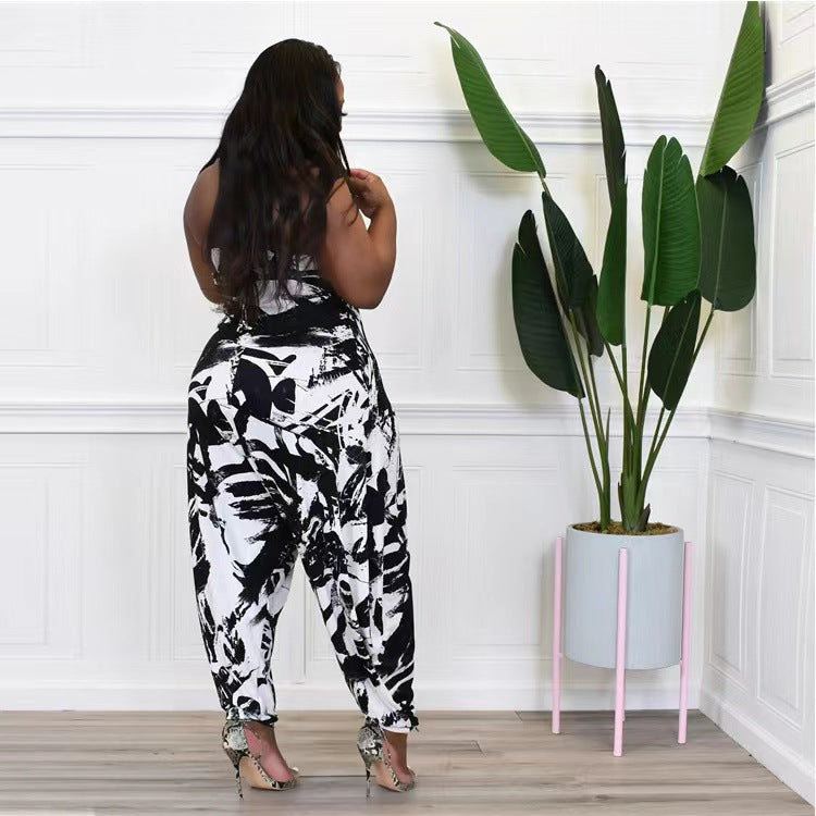 Plus Size Women's Halter Loose Lantern Sleeveless Print Jumpsuit