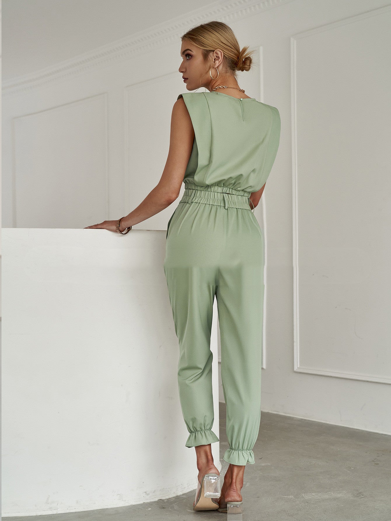 Solid Color Tank Top Sleeveless Pants Suit Thickened Casual Green