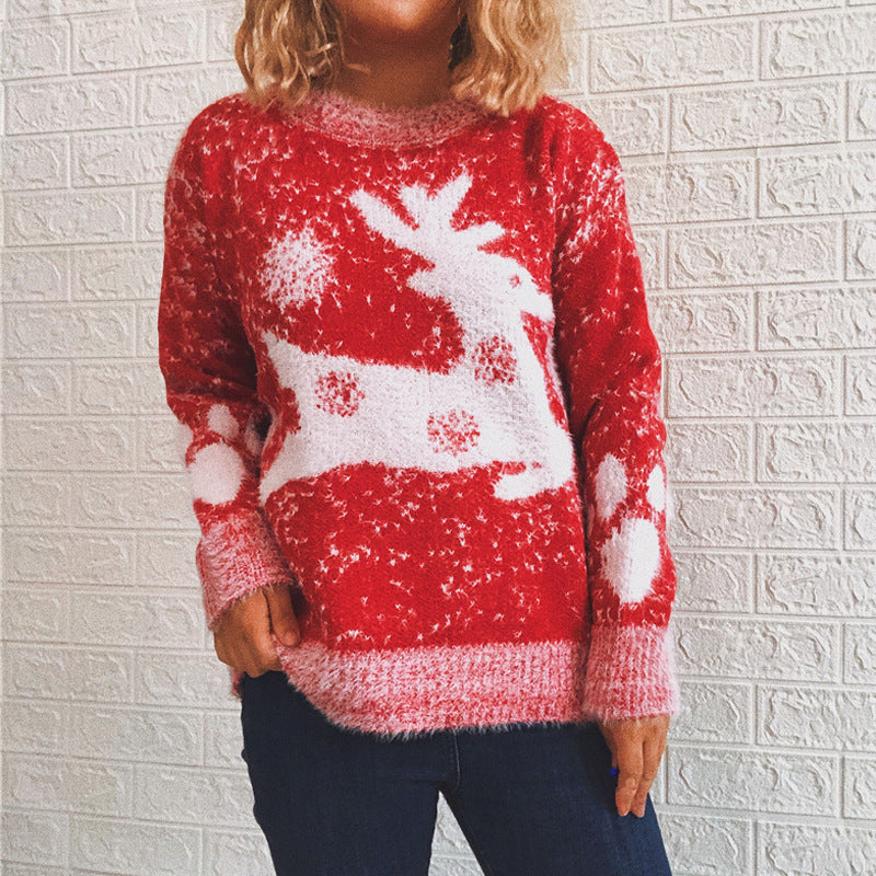 New Fawn Snowflake Round Neck Knitted Pullover - 4KsApparels