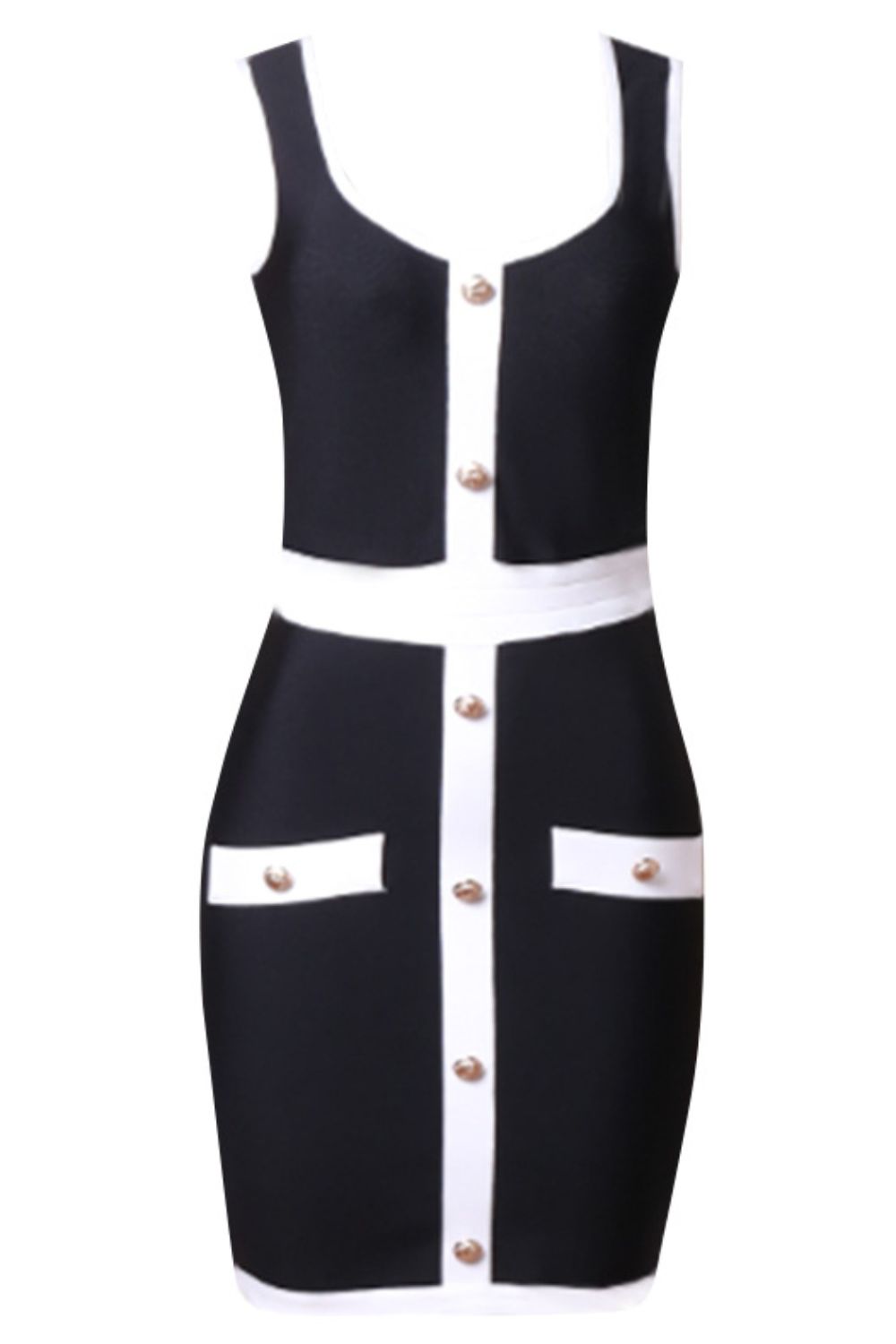 Two-Tone Decorative Button Sleeveless Bandage Dress