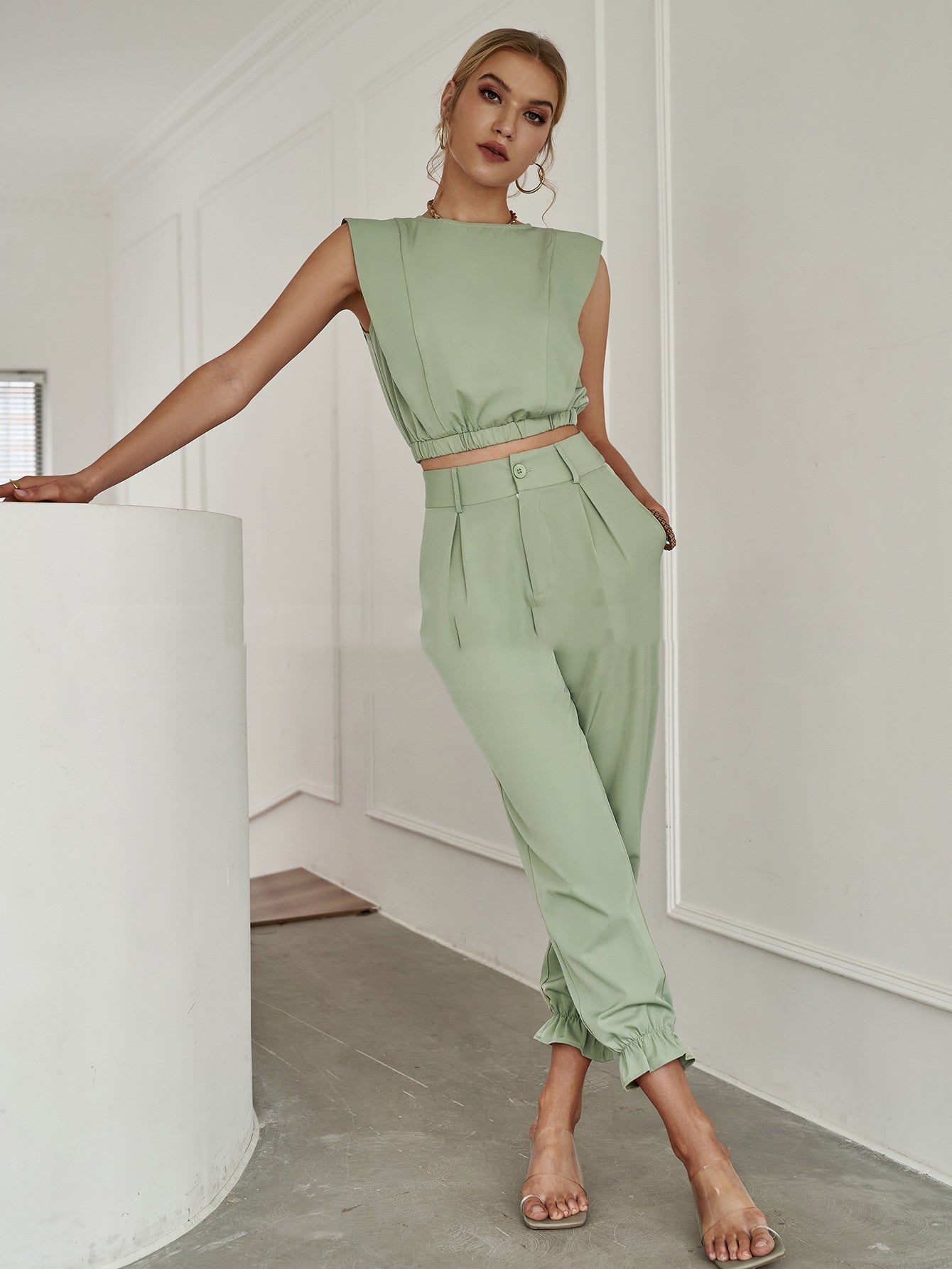 Solid Color Tank Top Sleeveless Pants Suit Thickened Casual Green