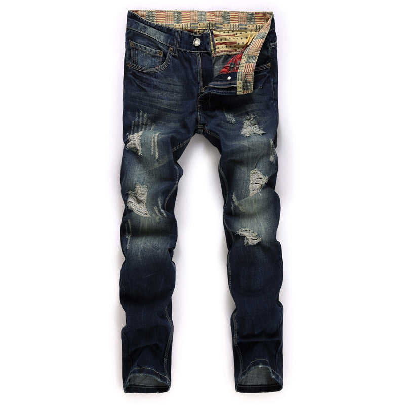 Men's Ripped Straight Leg Trousers European American Retro Washed Jeans