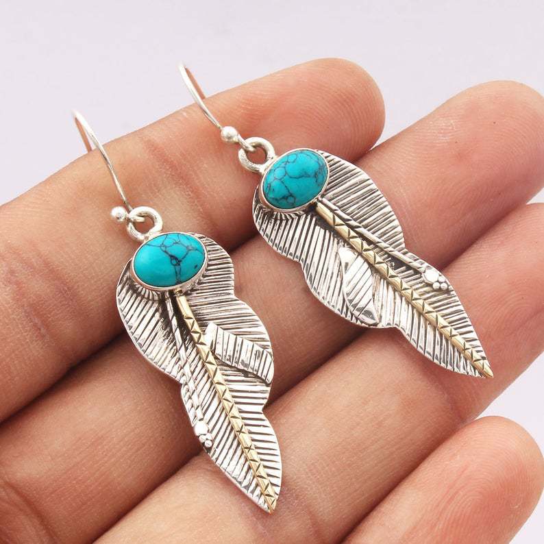 Boho Feather Turquoise Earrings Euramerican