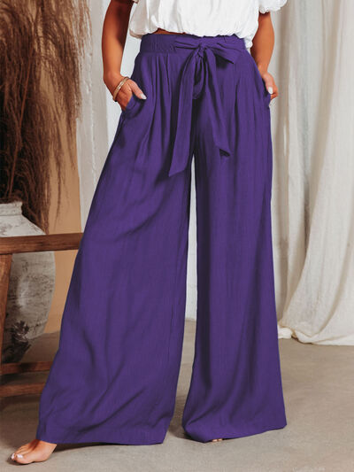 Drawstring Pocketed Wide Leg Pants