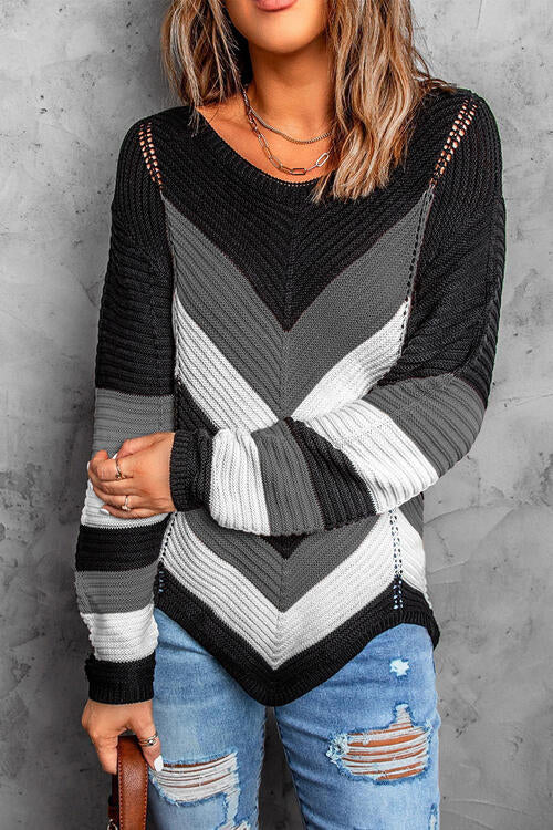 Eyelet Color Block Long Sleeve Sweater