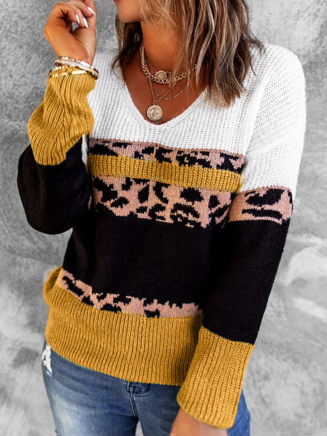 Leopard Color Block V-Neck Rib-Knit Sweater