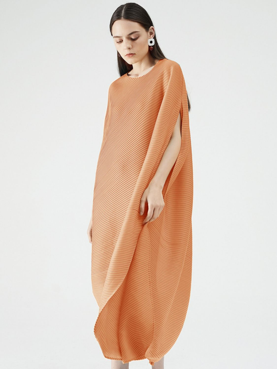 Accordion Pleated Round Neck Asymmetrical Hem Dress