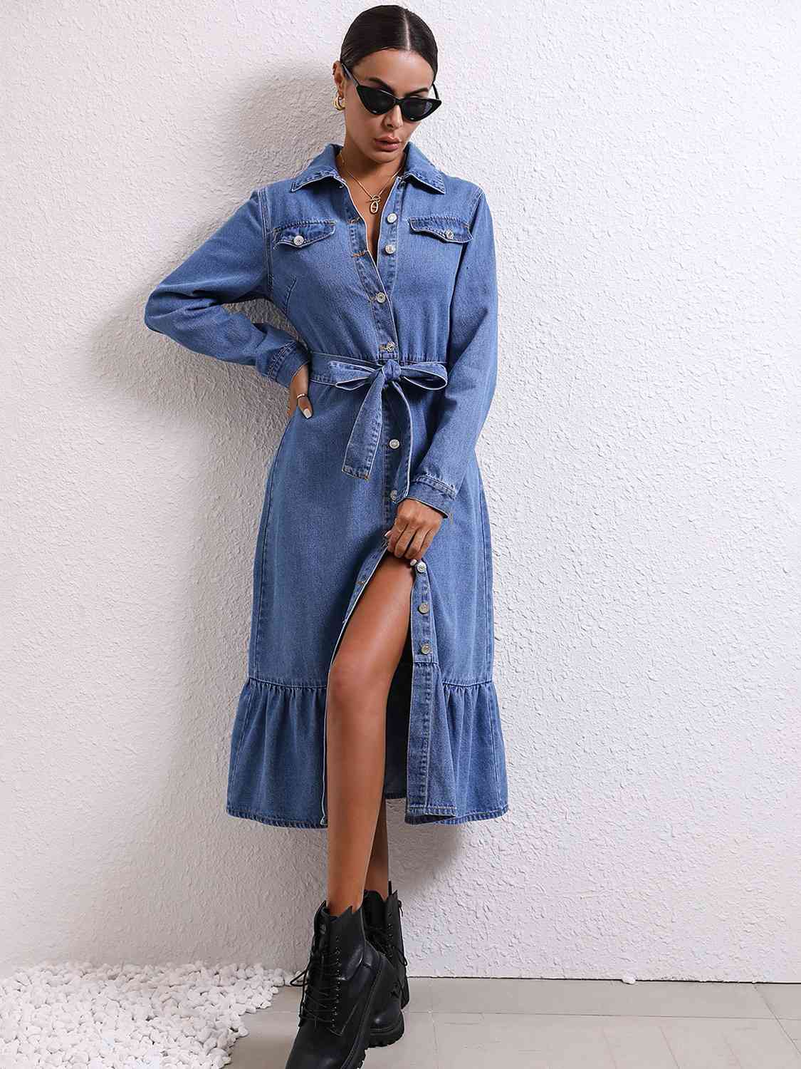 Collared Neck Button Down Denim Dress