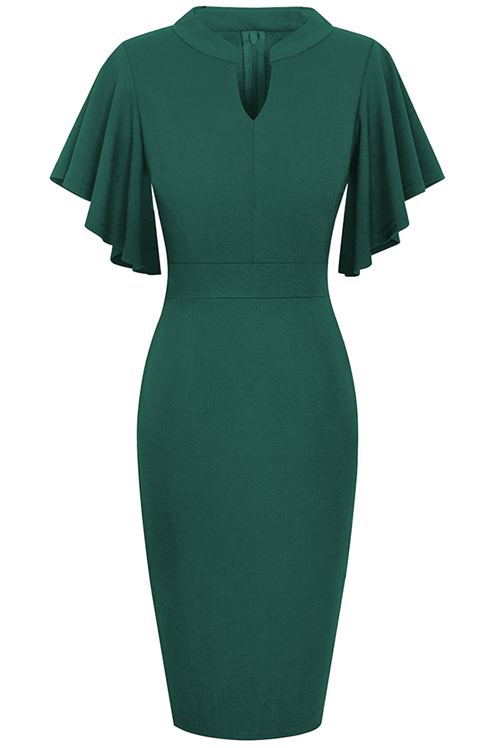 Notched Neck Flutter Sleeve Pencil Dress