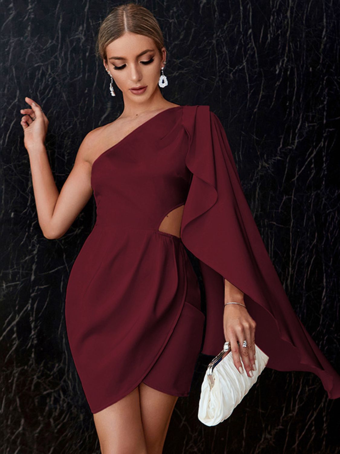 One-Shoulder Cloak Sleeve Cutout Dress