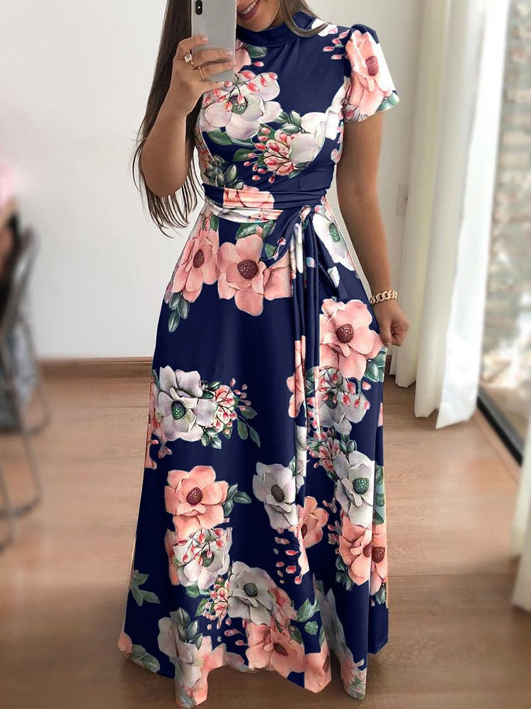 Women's Floral Print Short Sleeve Swing Dress