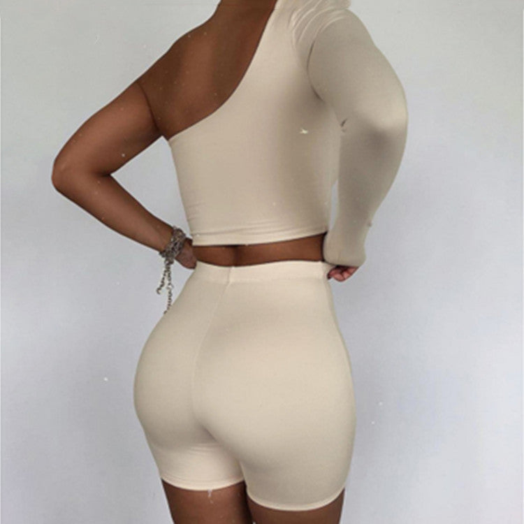 Pure Color Sexy One-shoulder Sports Yoga Two-piece Fashion Suit