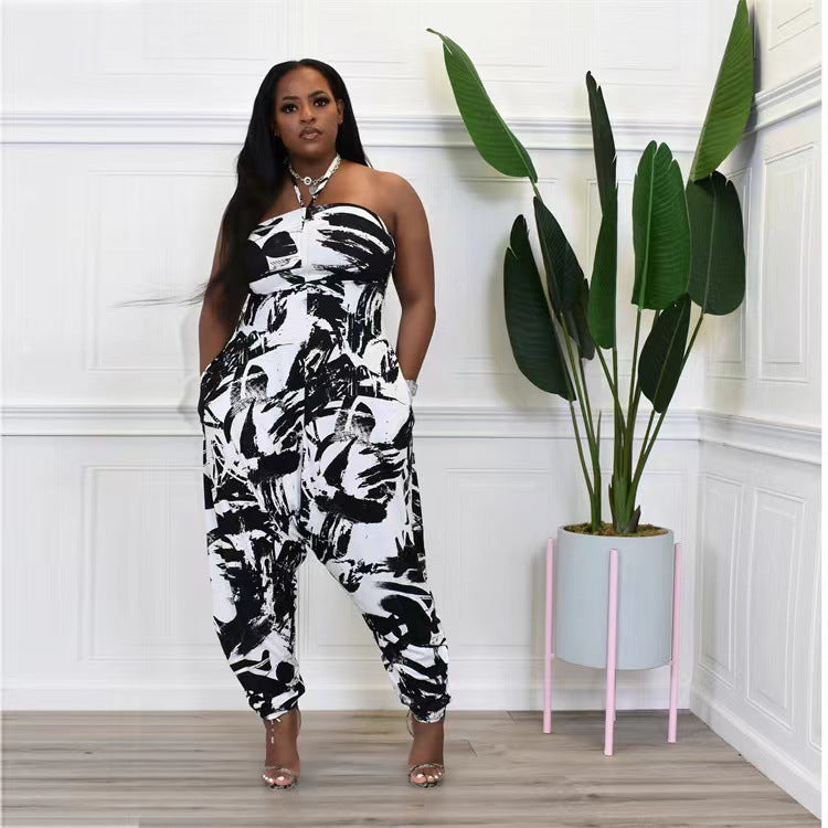 Plus Size Women's Halter Loose Lantern Sleeveless Print Jumpsuit