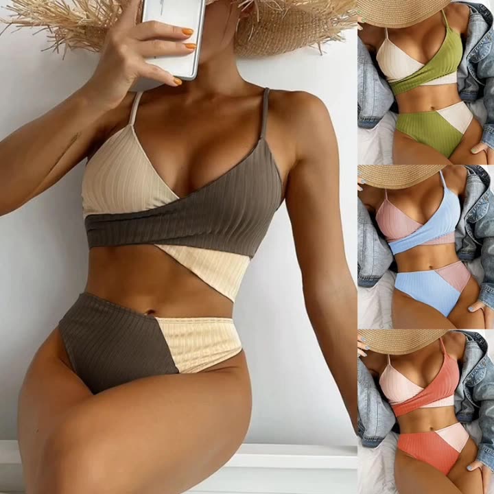 Bikini Patchwork Swimwear Ribbed Women's Swimsuit 2022 Knot Back Beachwear Ruched Butt Biquinis Bathing Suits