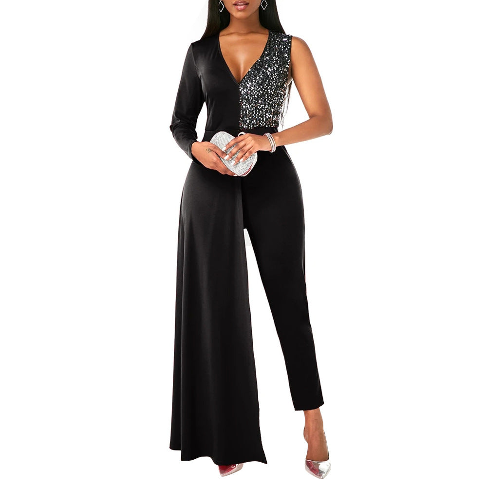 V-neck Sequin Covered Hip Plus Size Jumpsuit