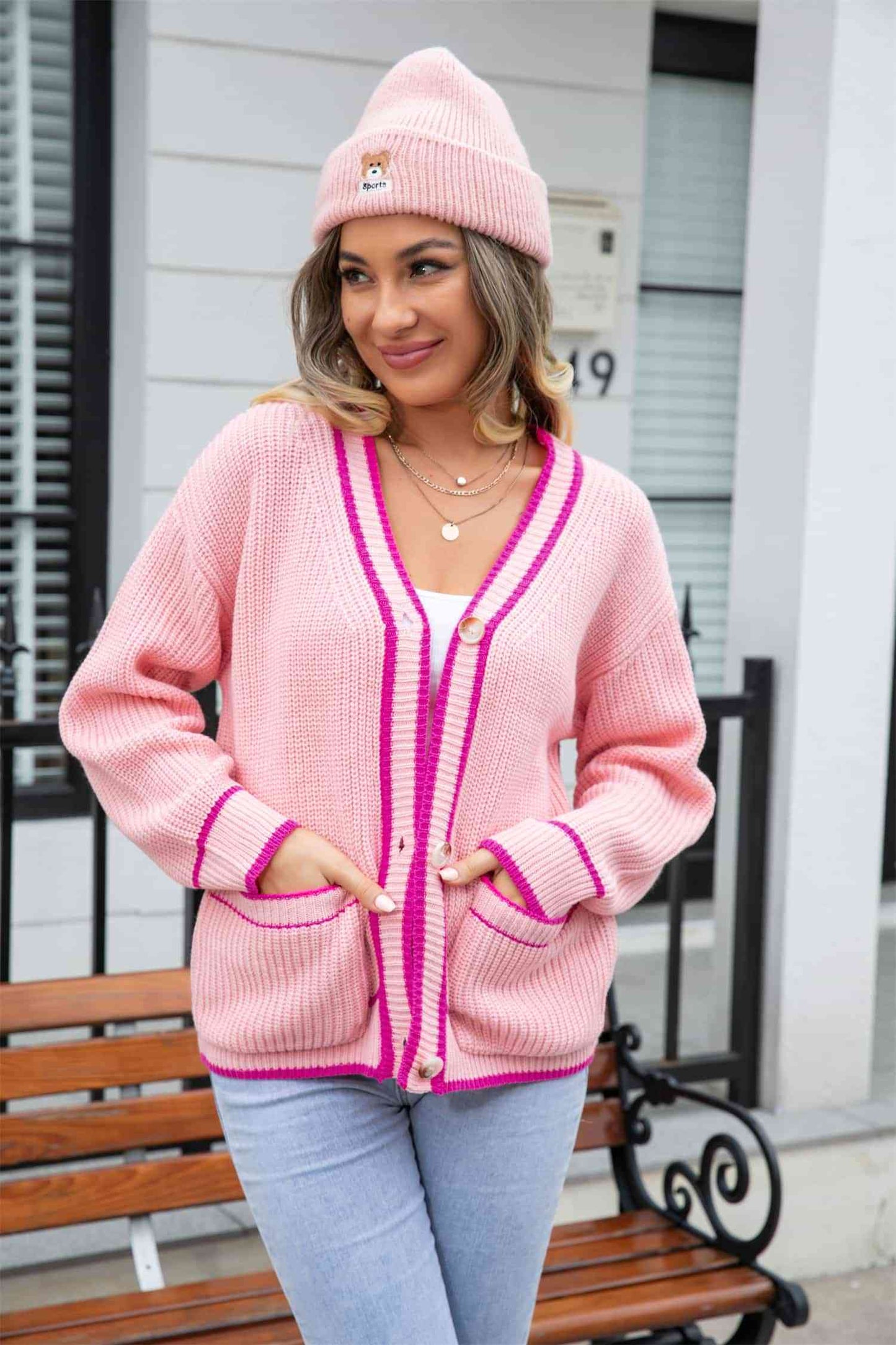 Waffle Knit V-Neck Cardigan with Pocket