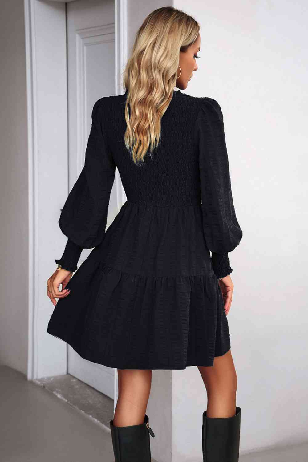 Smocked Lantern Sleeve Mini Dress