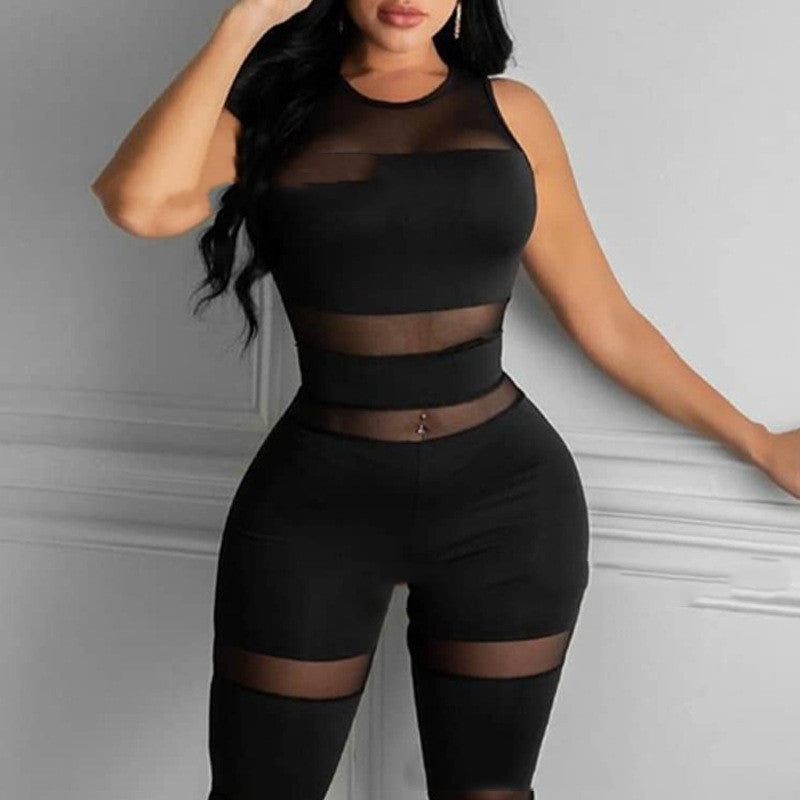 Women's New Arrival Black Mesh Stitching Jumpsuit