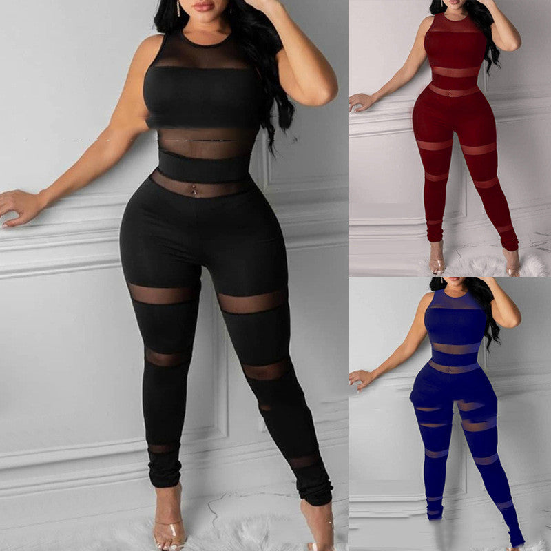 Women's New Arrival Black Mesh Stitching Jumpsuit