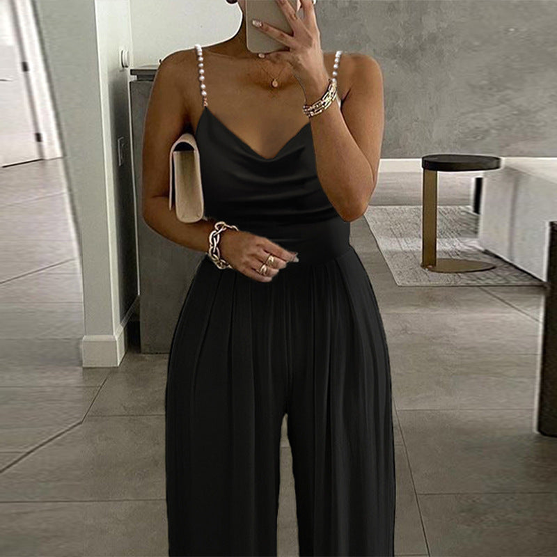 Wide Leg Sleeveless V-neck Halter Trousers Jumpsuit - 4KsApparels