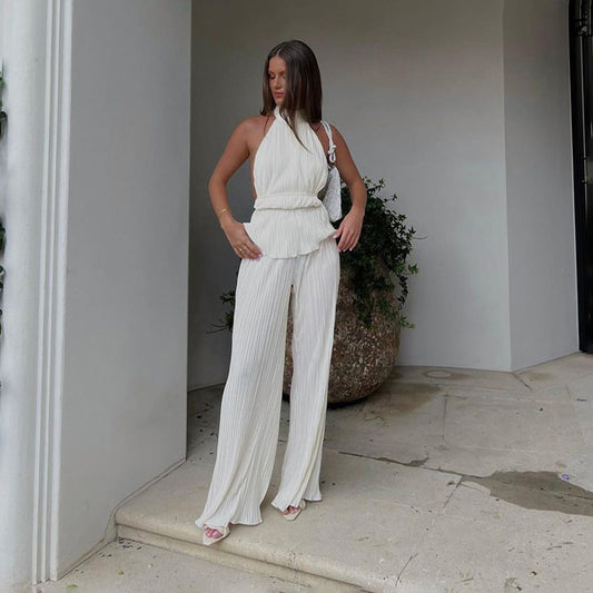 Backless Sleeveless Vest White Pleated High Waist Wide Leg Pants Suit