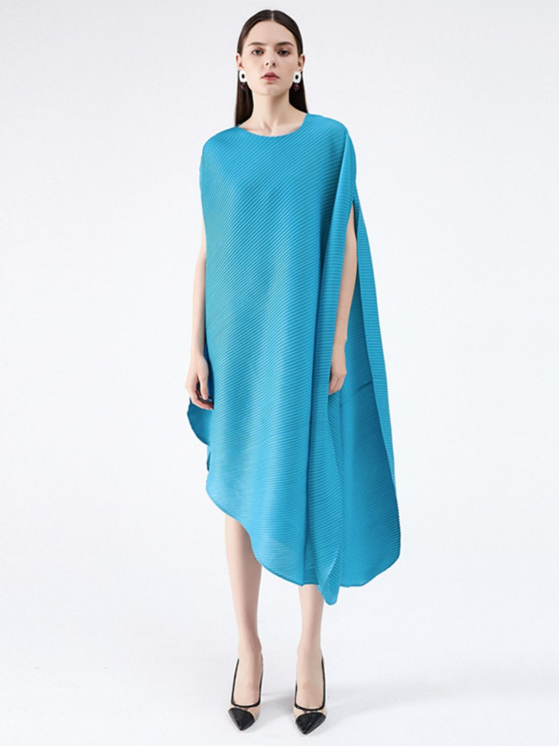 Accordion Pleated Round Neck Asymmetrical Hem Dress