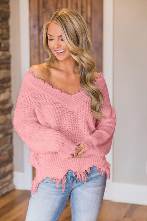 Frayed Hem Dropped Shoulder Sweater