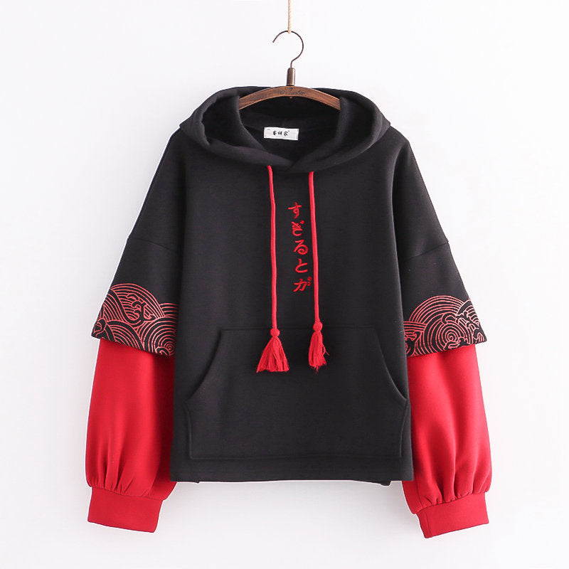 Embroidered Sleeves Wave Print Contrast Color And Velvet Padded Pullover Sweater Women - 4KsApparels