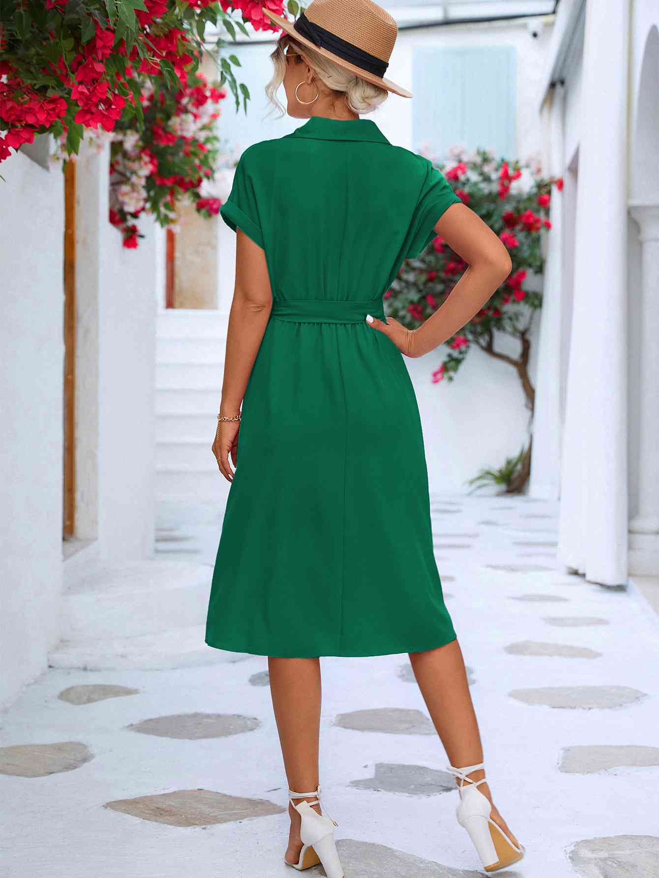 Cuffed Short Sleeve Belted Shirt Dress