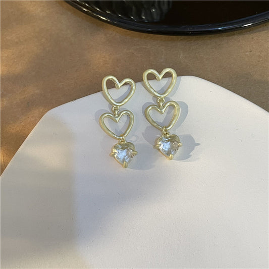 French Vintage Matte Gold Hollow Heart Pendant Earrings