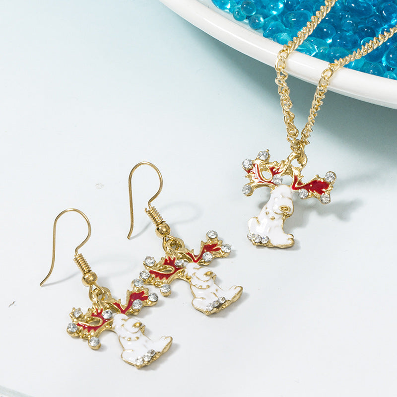 Christmas White Elk Alloy Drop Oil Set Chain Earring Necklace