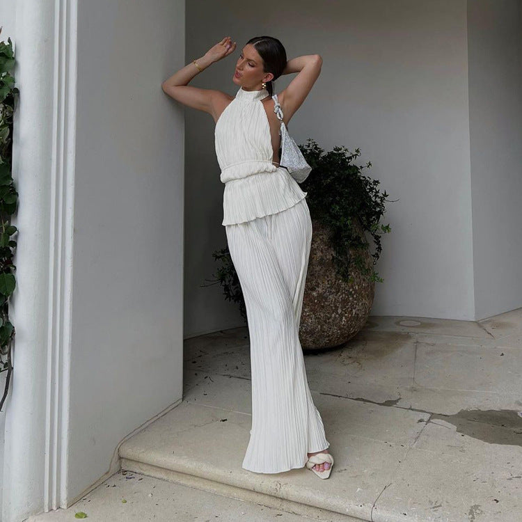 Backless Sleeveless Vest White Pleated High Waist Wide Leg Pants Suit