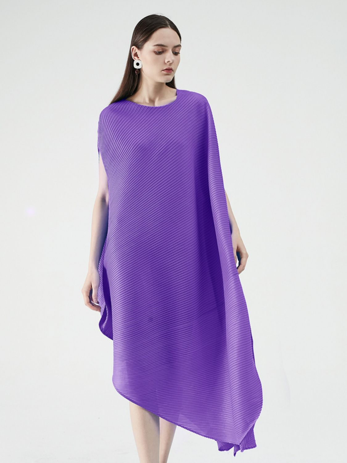 Accordion Pleated Round Neck Asymmetrical Hem Dress